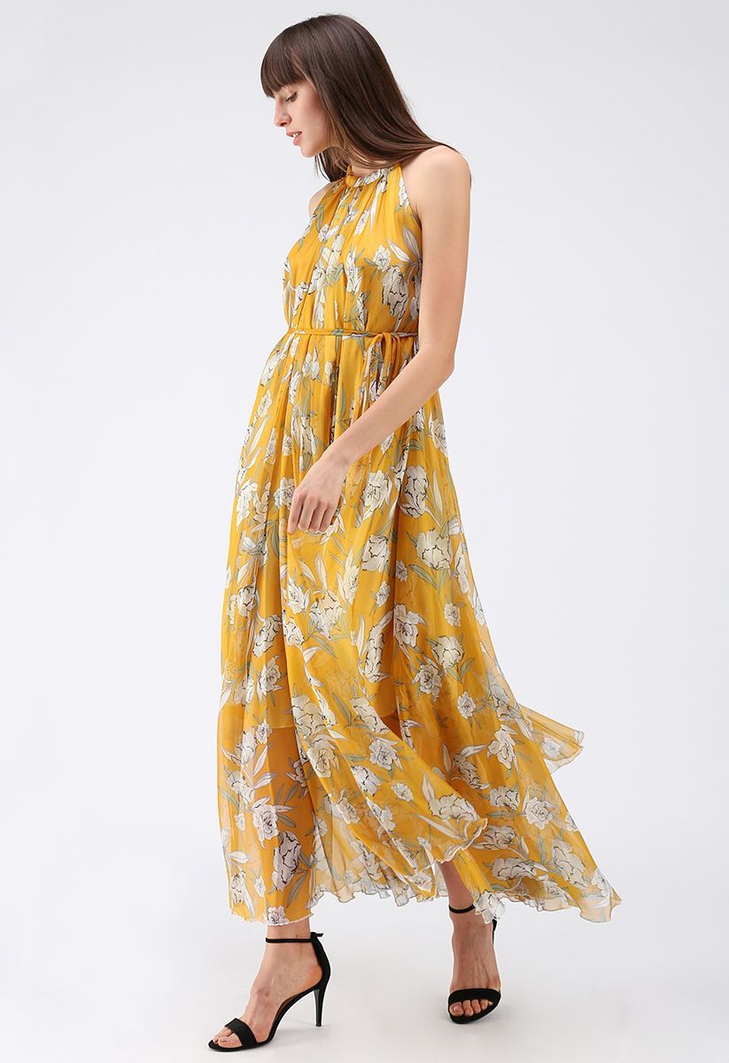Mustard Yellow Floral Printed Halter Neck Belted Maxi Dress in Flowing Lightweight Fabric