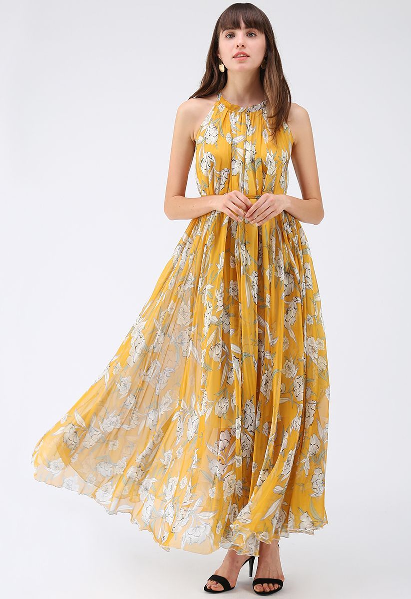 Mustard Yellow Floral Printed Halter Neck Belted Maxi Dress in Flowing Lightweight Fabric