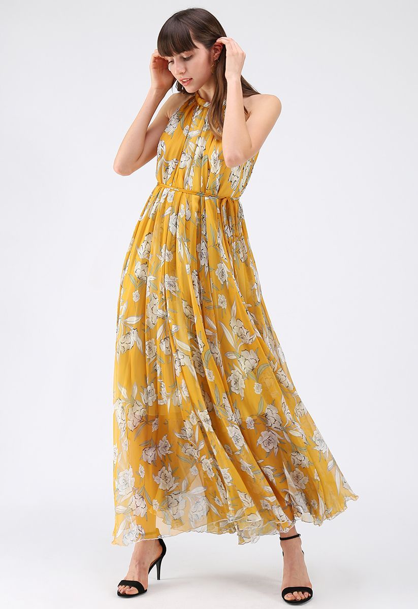 Mustard Yellow Floral Printed Halter Neck Belted Maxi Dress in Flowing Lightweight Fabric