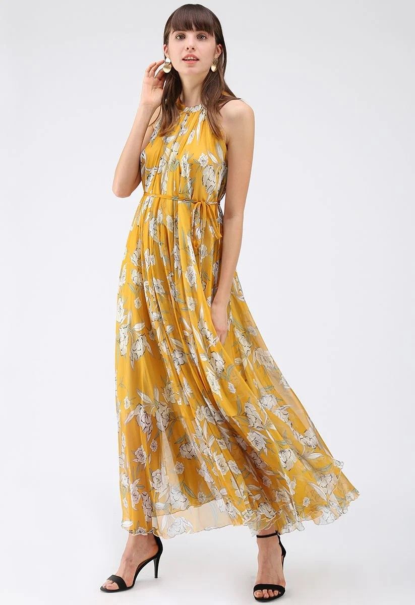 Mustard Yellow Floral Printed Halter Neck Belted Maxi Dress in Flowing Lightweight Fabric