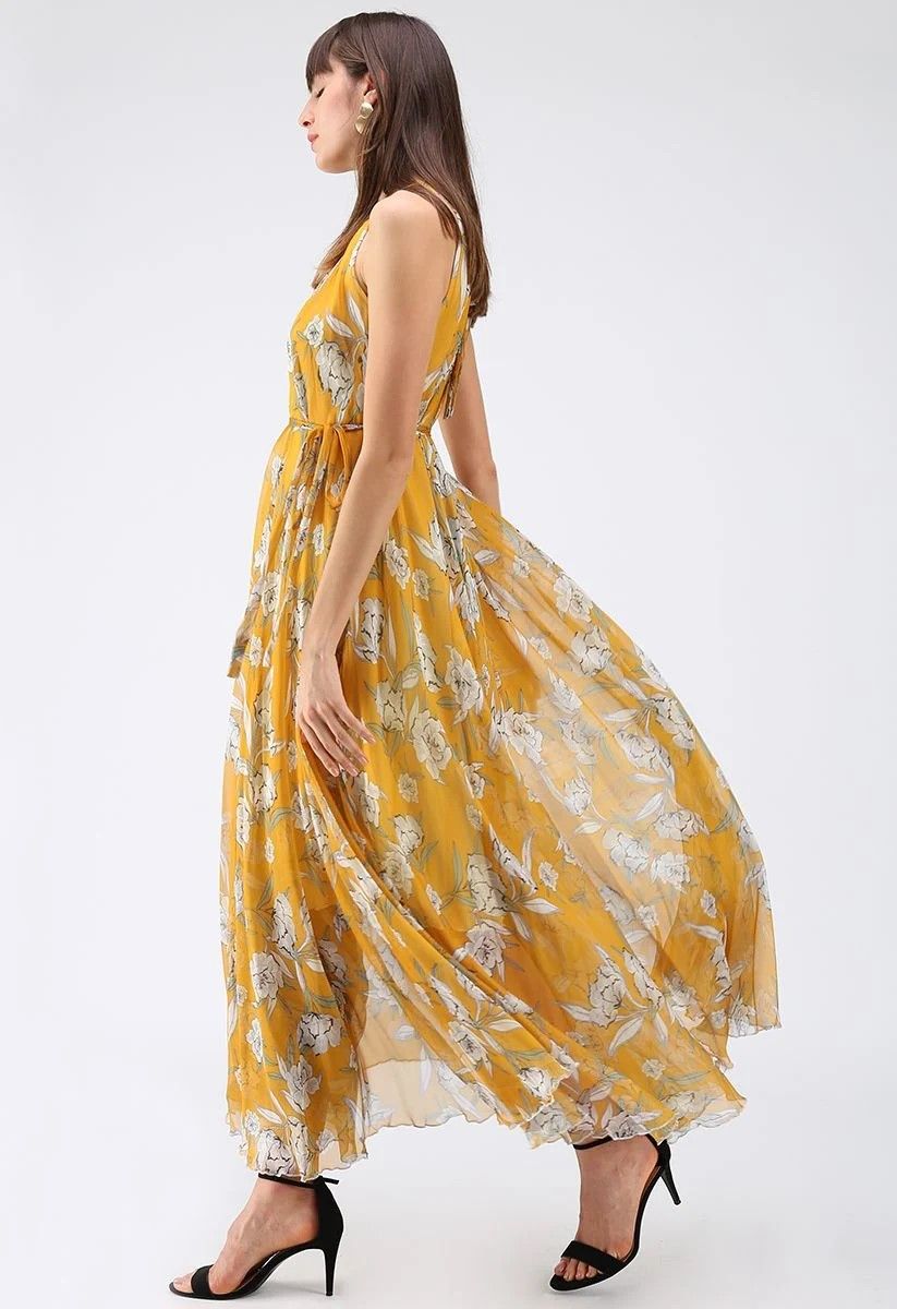 Mustard Yellow Floral Printed Halter Neck Belted Maxi Dress in Flowing Lightweight Fabric