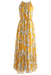 Mustard Yellow Floral Printed Halter Neck Belted Maxi Dress in Flowing Lightweight Fabric