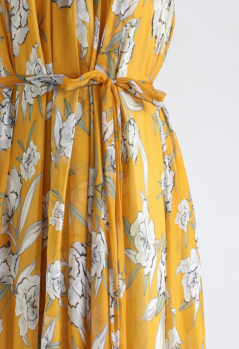 Mustard Yellow Floral Printed Halter Neck Belted Maxi Dress in Flowing Lightweight Fabric