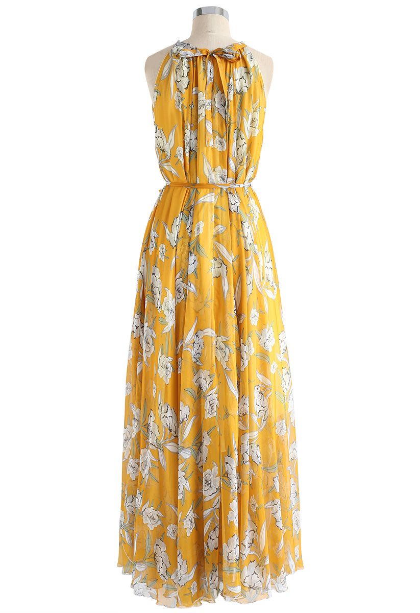Mustard Yellow Floral Printed Halter Neck Belted Maxi Dress in Flowing Lightweight Fabric