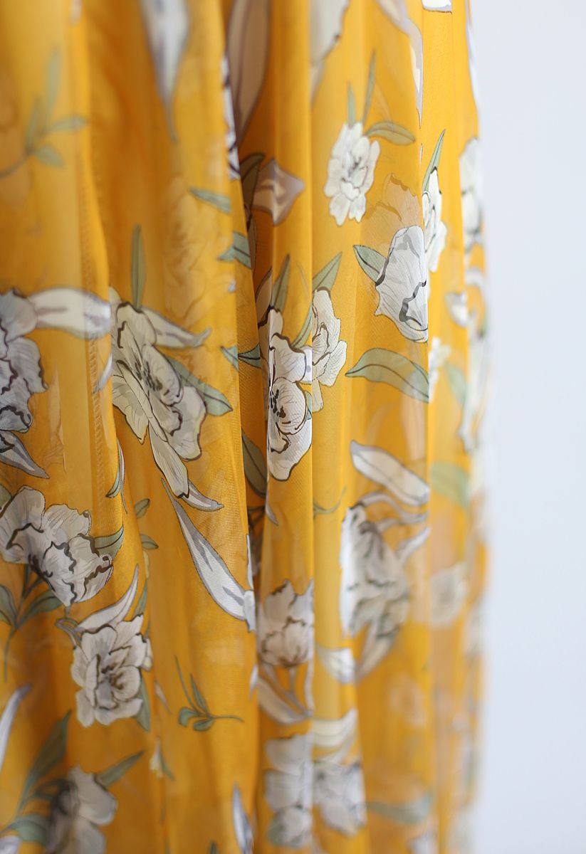 Mustard Yellow Floral Printed Halter Neck Belted Maxi Dress in Flowing Lightweight Fabric
