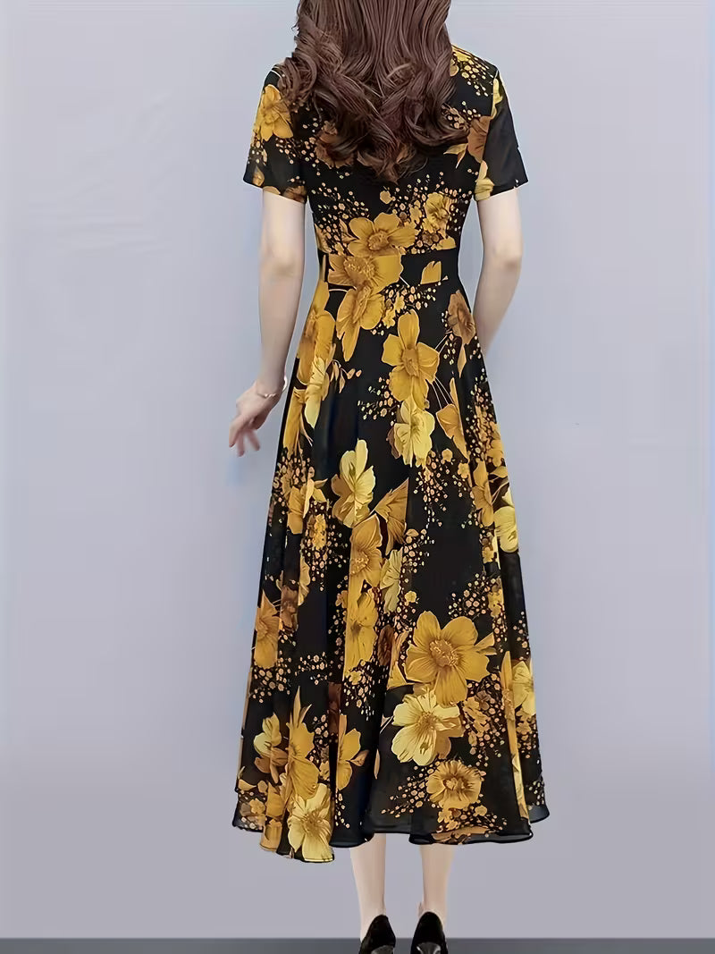 Women's Vintage Floral A-Line Midi Dress - Black & Mustard Gold