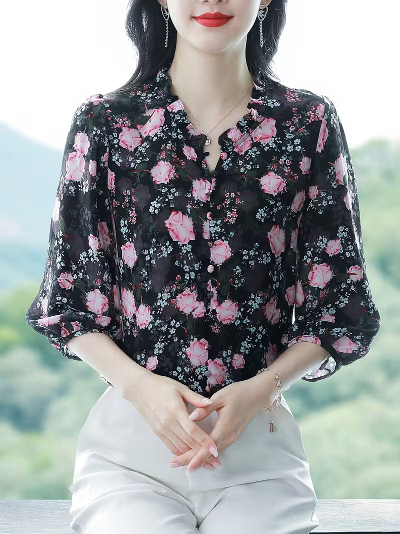 Vintage Rose Print Ruffle-Trim Chiffon Top