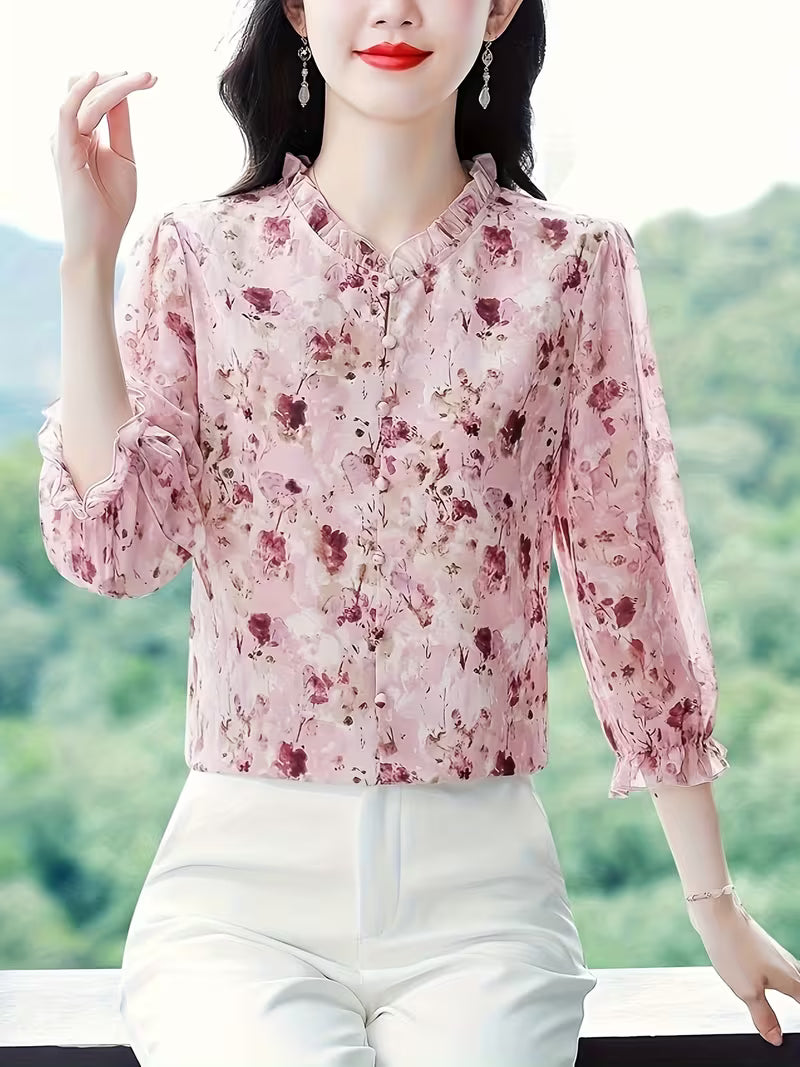 Elegant Floral Ruffle And Soft Pink & Burgundy Floral Top