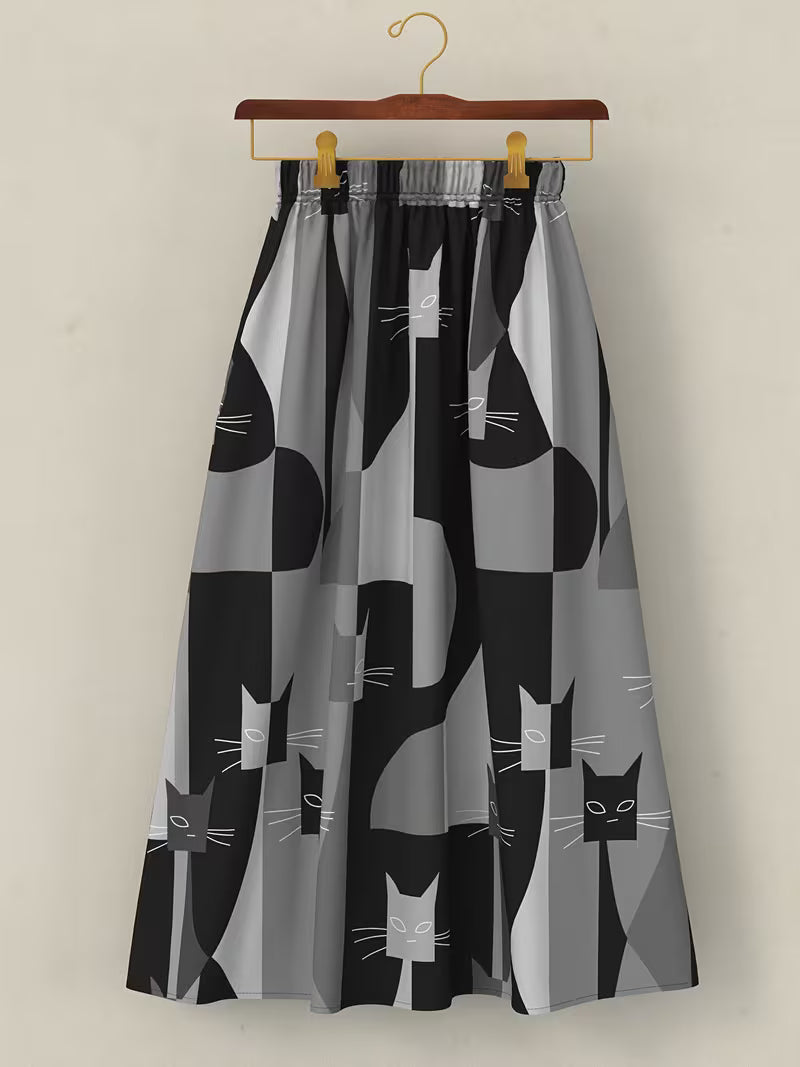 The "Feline Mod" Midi: Abstract Geometric A-Line Skirt