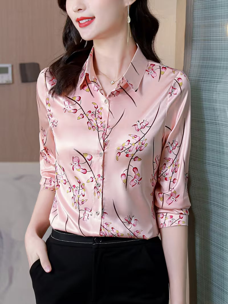 Luxurious Silk Satin Floral Blouse - Professional Slim Fit Office Wear Shirts