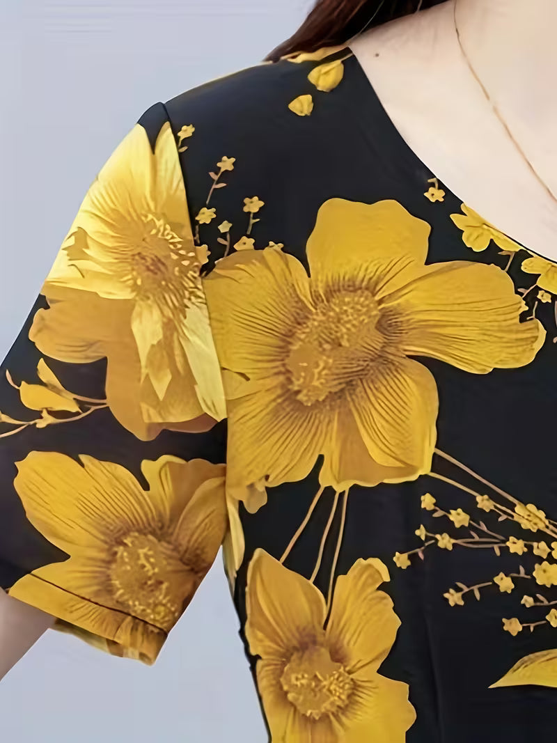 Women's Vintage Floral A-Line Midi Dress - Black & Mustard Gold