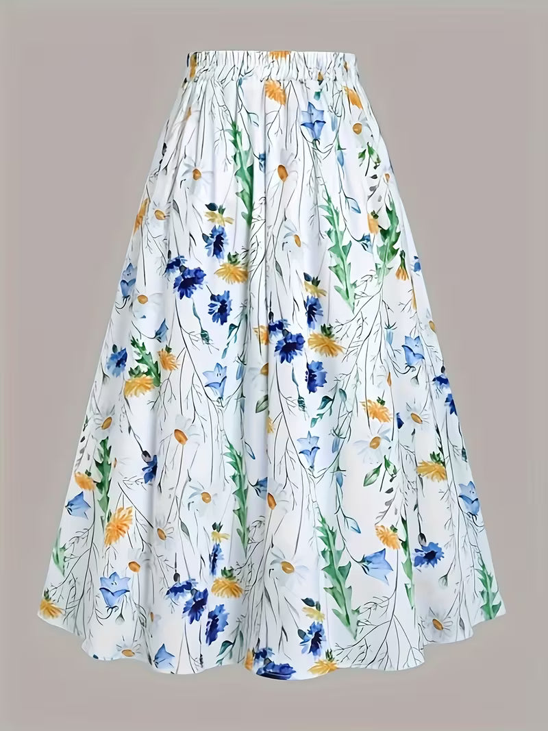 Vintage Floral High-Waisted A-Line Midi Skirt - Wildflower Meadow Botanical Print"