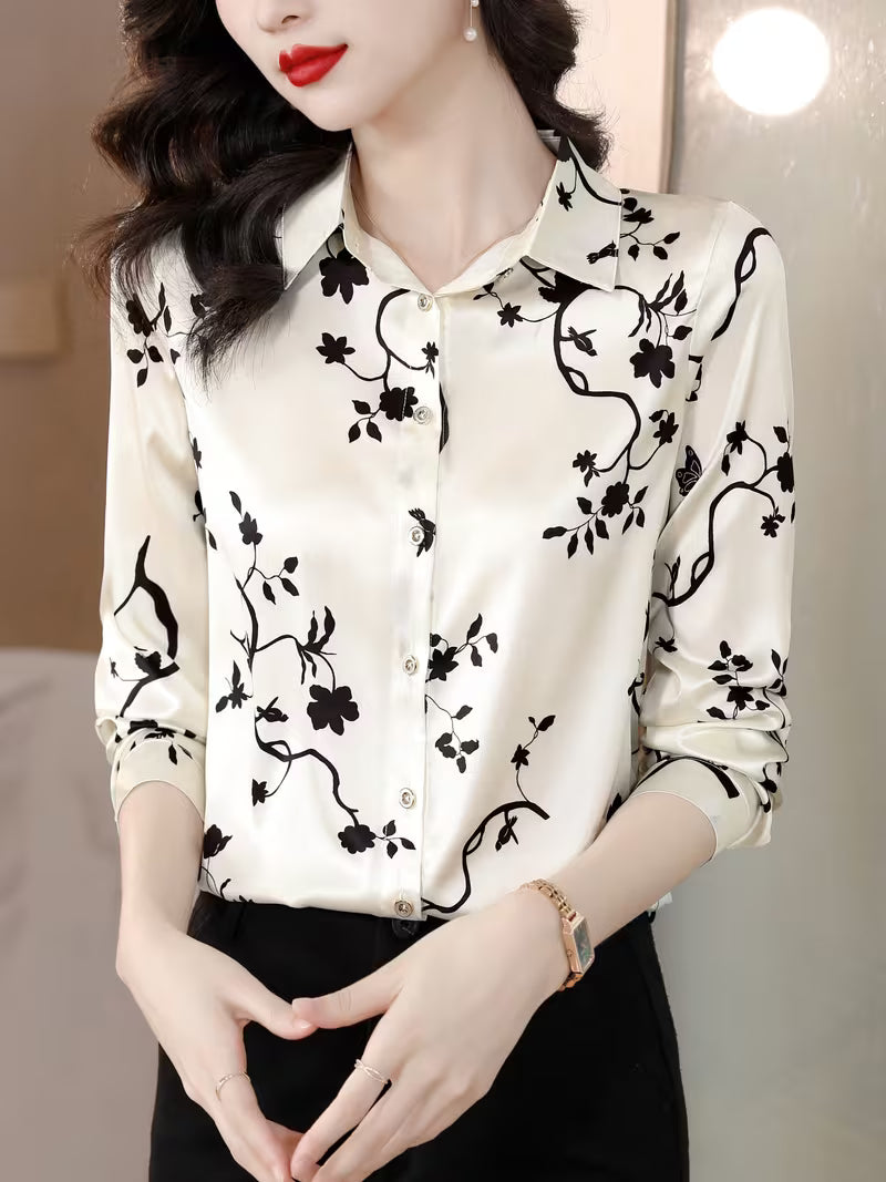 The Monochrome Botanical Satin Shirt in Champagne & Black