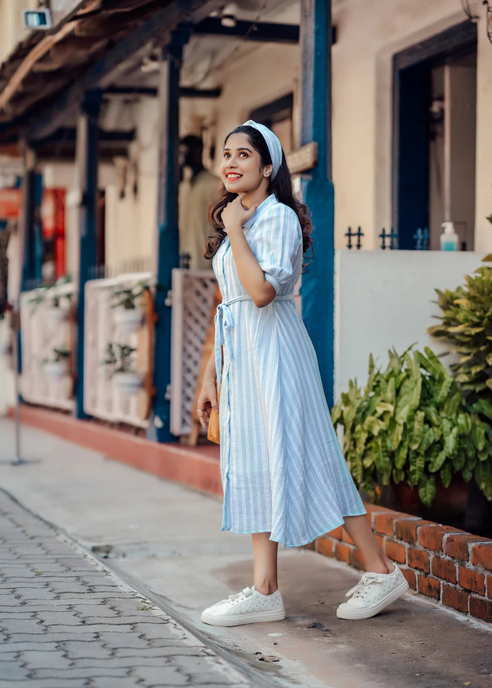 Women’s Sky Blue Breeze White Striped Shirt Dress