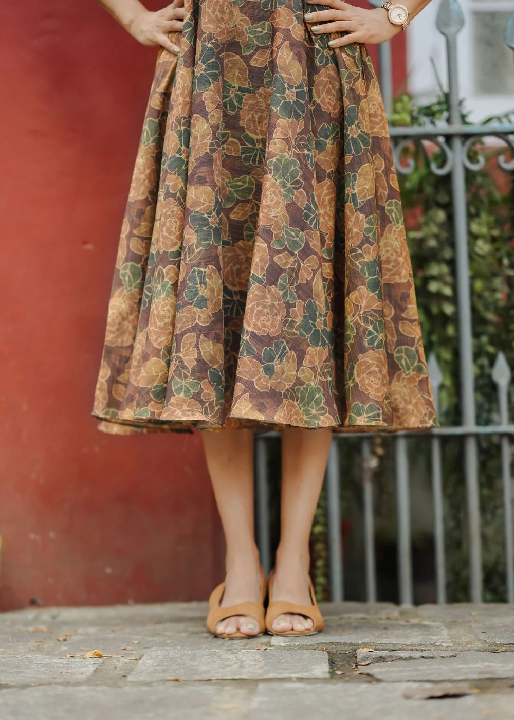 A flowy brown &amp; golden yellow floral print tissue dress