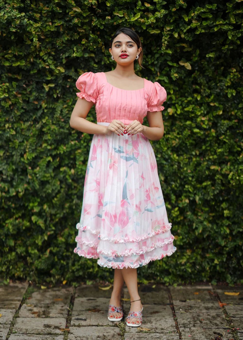 Pink Puff Sleeve Floral Fit & Flare Midi Dress