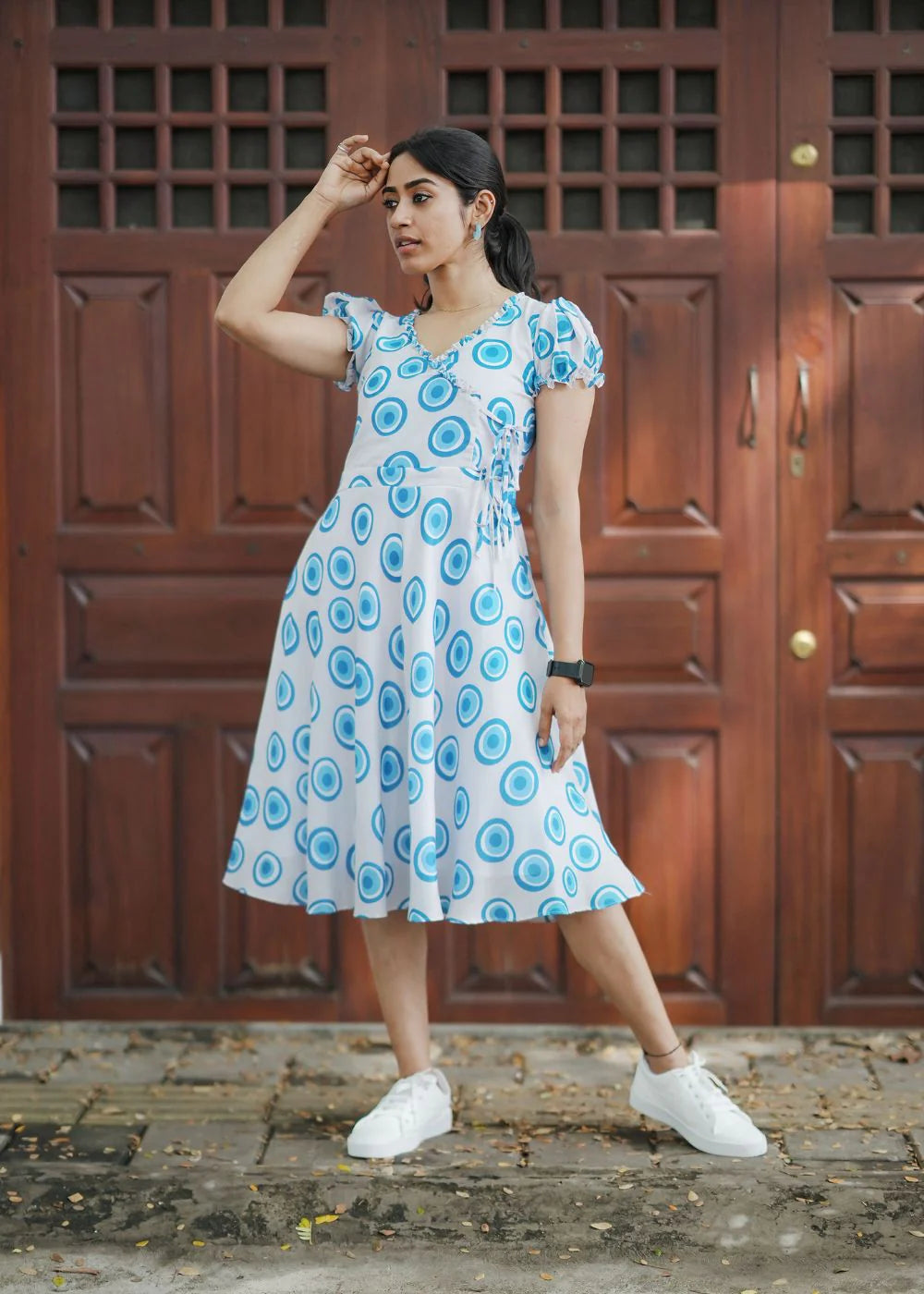Beautiful grey & blue geometric print muslin dress