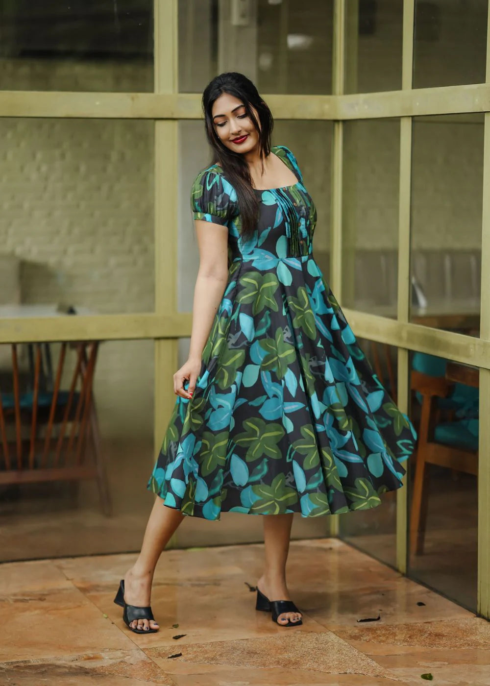 A beautiful black & blue, green abstract print muslin dress