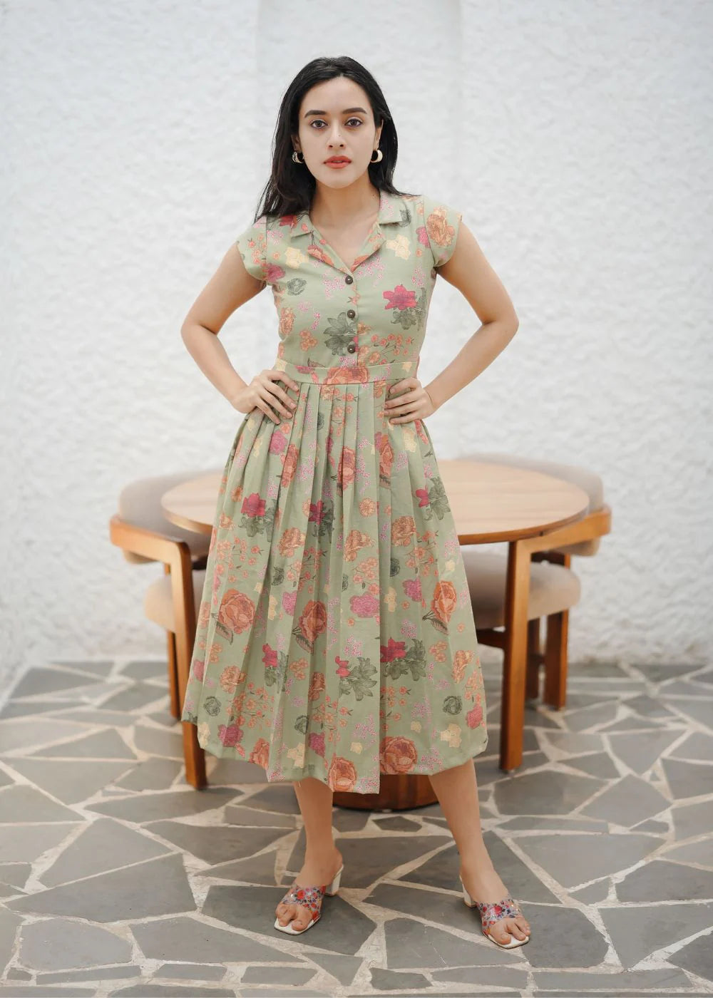 A graceful sage green &amp; multicolour floral print linen dress