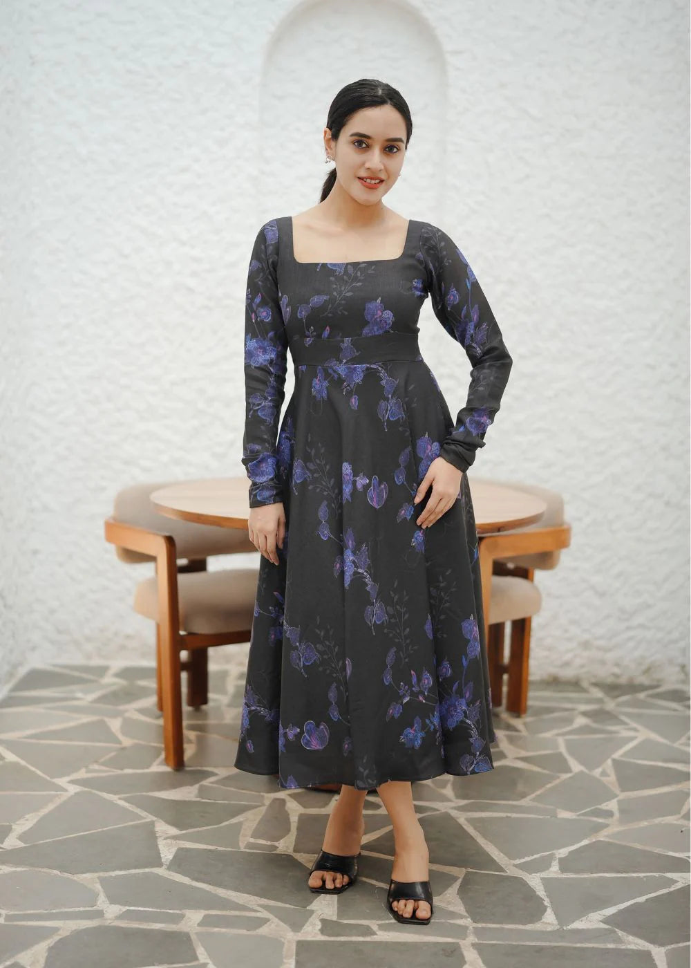 A beautiful black &amp; violet floral print dress