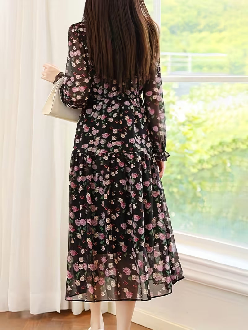 Floral Printed Full Sleeve Dress – Black