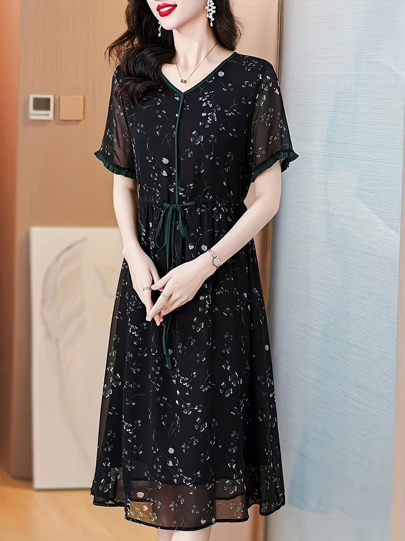 Elegant Black Abstract Floral Print Midi Dress