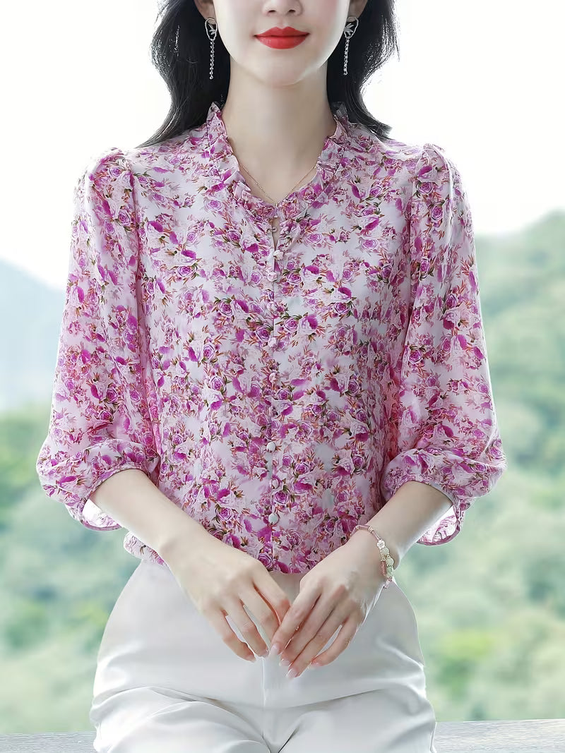 Elegant Bamboo Print Chiffon  with Ruffled V-Neck and 3/4 Sleeves TOP (Copy) (Copy)