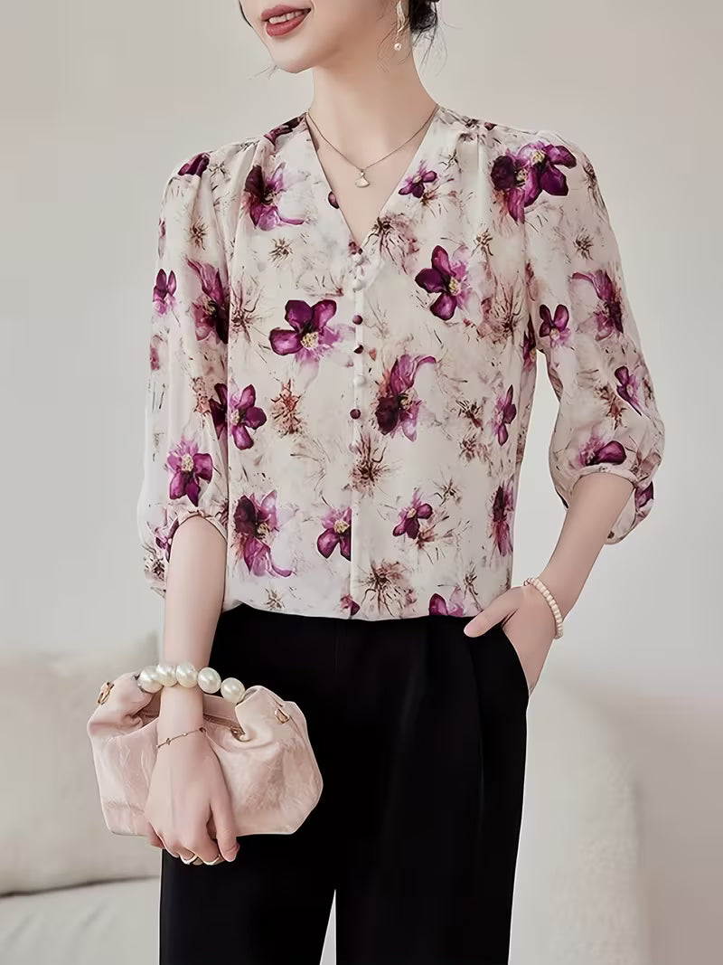Elegant Floral V-Neck,Vintage Floral Print Top
