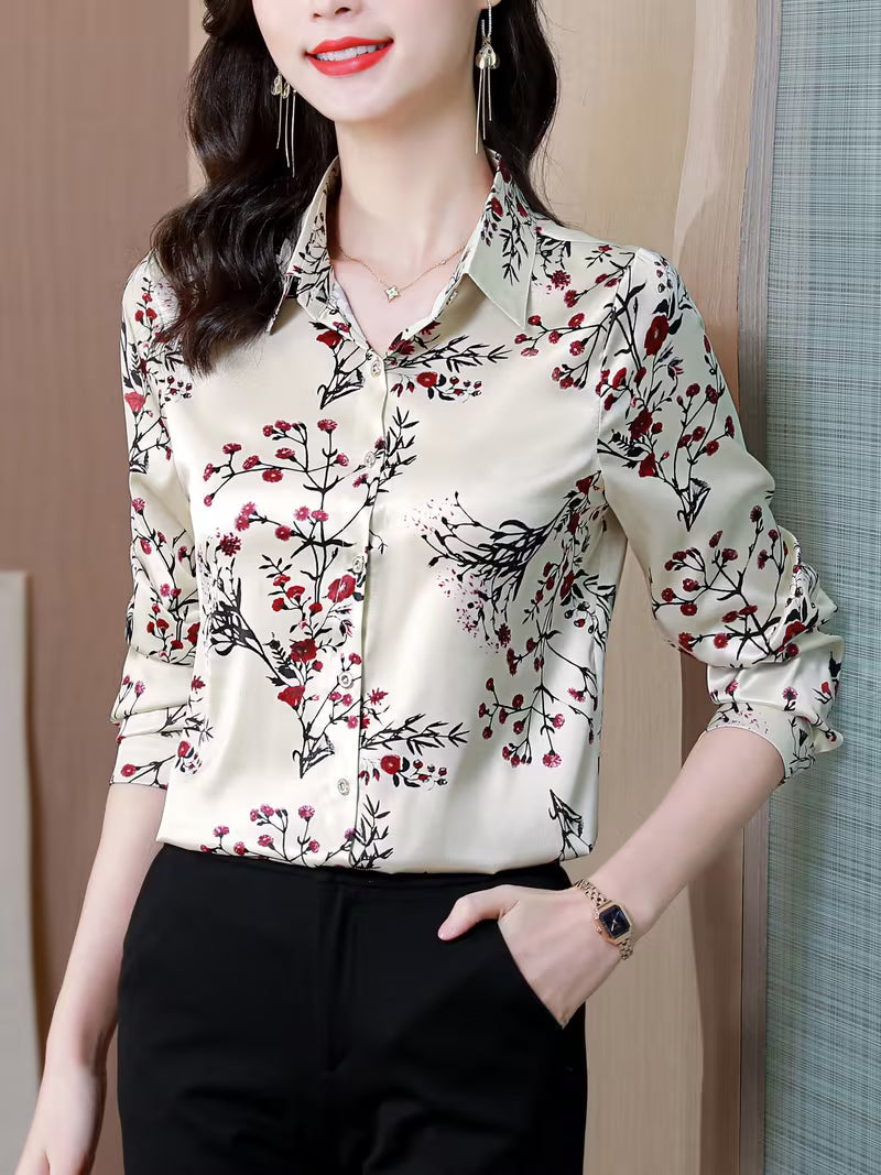 Elegant Floral Print Satin Button-Down Top - Champagne