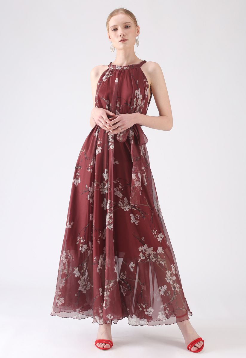 Elegant Wine Floral Printed Poly Chiffon Maxi Dress with Halter Neckline & Flowing Silhouette for Summer Brunch  Resort