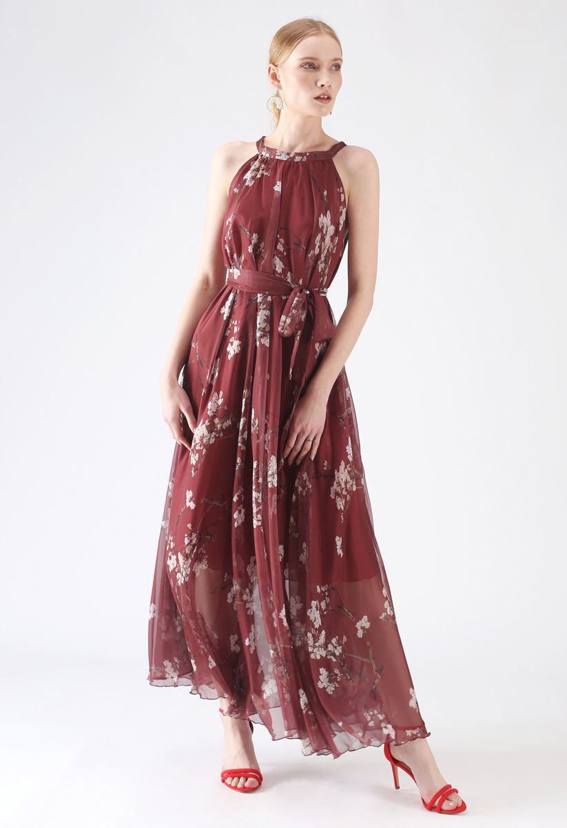 Elegant Wine Floral Printed Poly Chiffon Maxi Dress with Halter Neckline & Flowing Silhouette for Summer Brunch  Resort