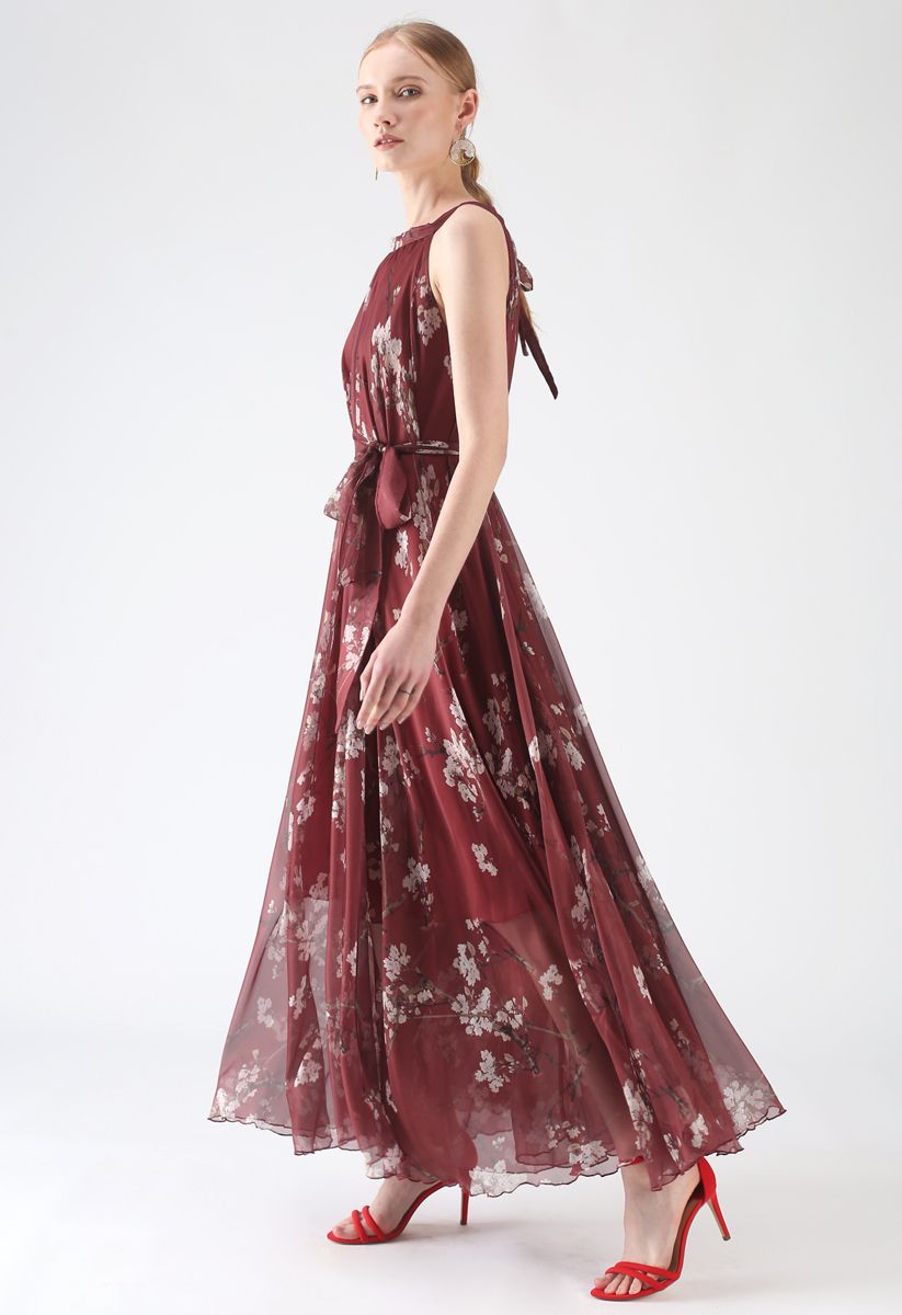 Elegant Wine Floral Printed Poly Chiffon Maxi Dress with Halter Neckline & Flowing Silhouette for Summer Brunch  Resort