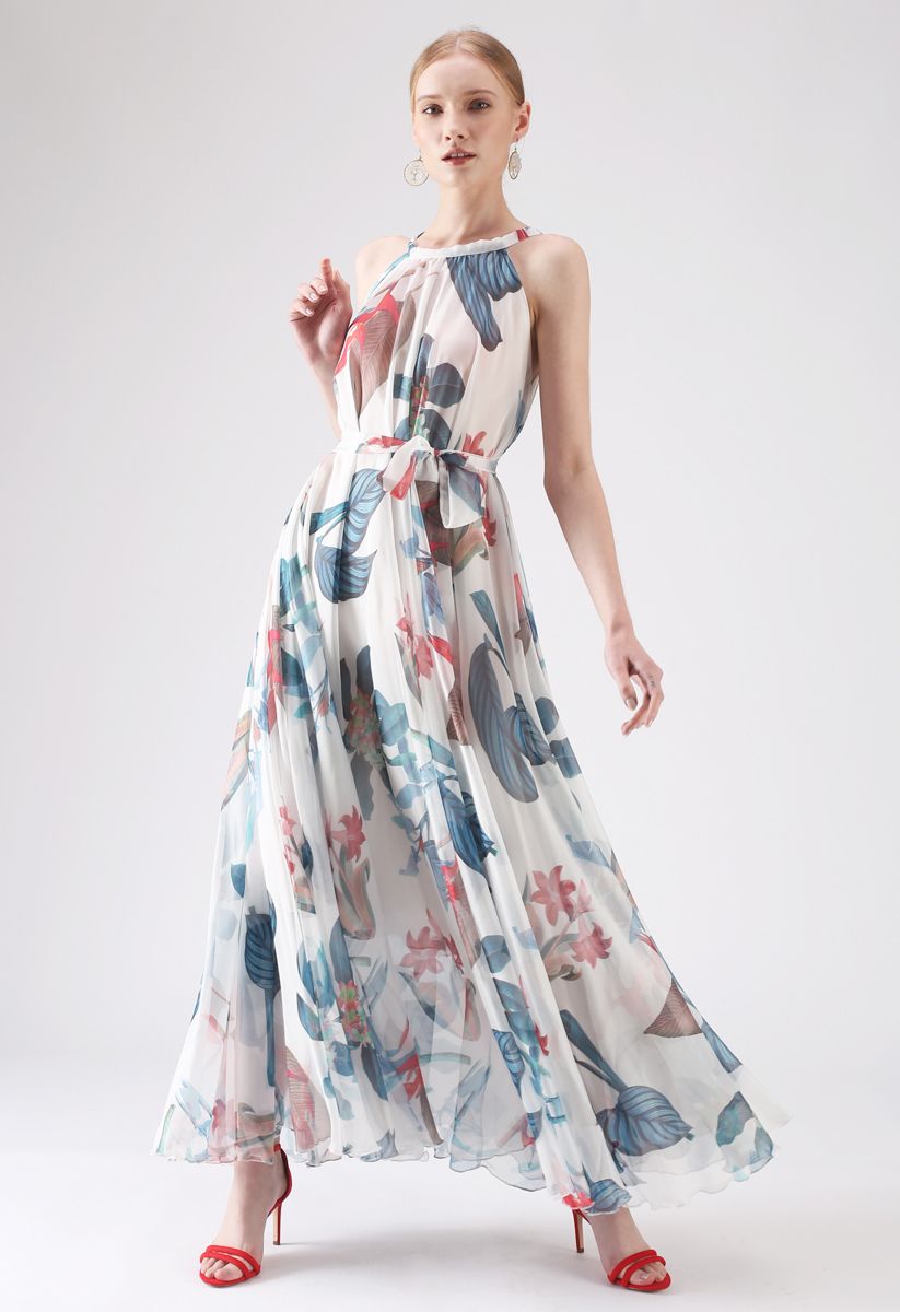 Ivory Tropical Botanical Leaf Printed Poly Chiffon Maxi Dress with Halter Neckline