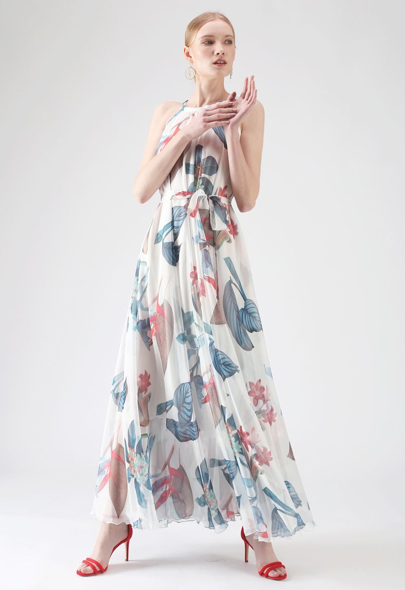 Ivory Tropical Botanical Leaf Printed Poly Chiffon Maxi Dress with Halter Neckline
