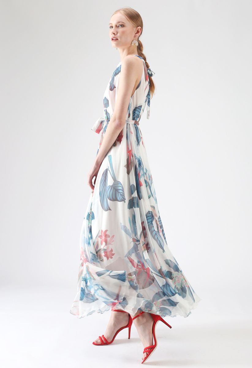 Ivory Tropical Botanical Leaf Printed Poly Chiffon Maxi Dress with Halter Neckline