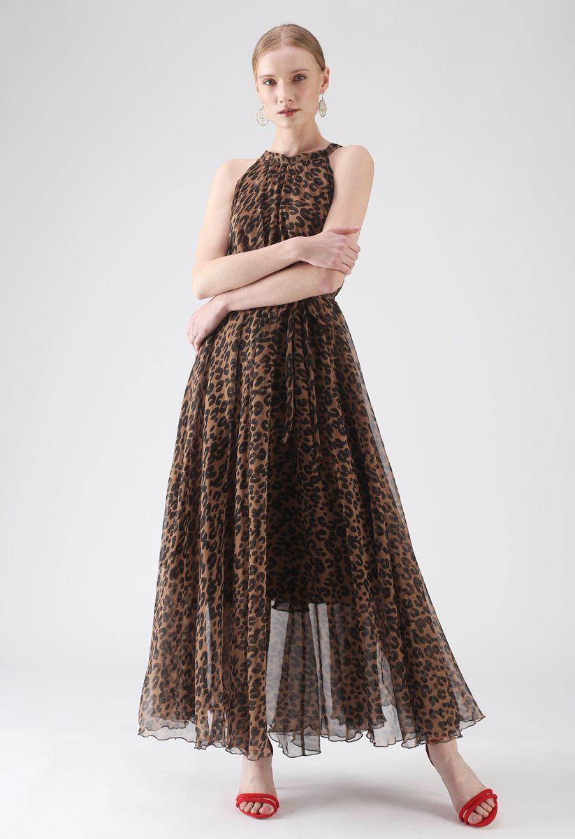 Brown Leopard Printed Poly Chiffon Maxi Dress with Halter Neckline, Waist Tie Detail & Flowing Silhouette for Resort Wear, Brunch & Evening Occasions