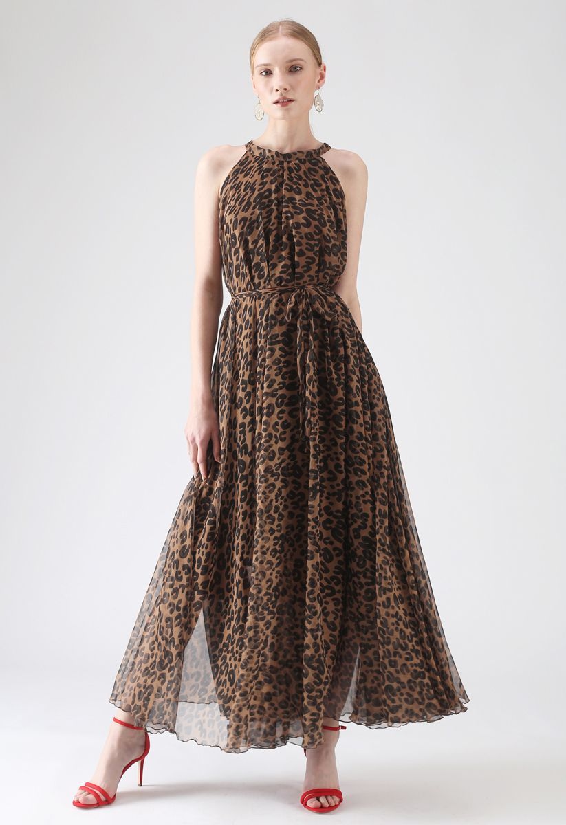 Brown Leopard Printed Poly Chiffon Maxi Dress with Halter Neckline, Waist Tie Detail & Flowing Silhouette for Resort Wear, Brunch & Evening Occasions