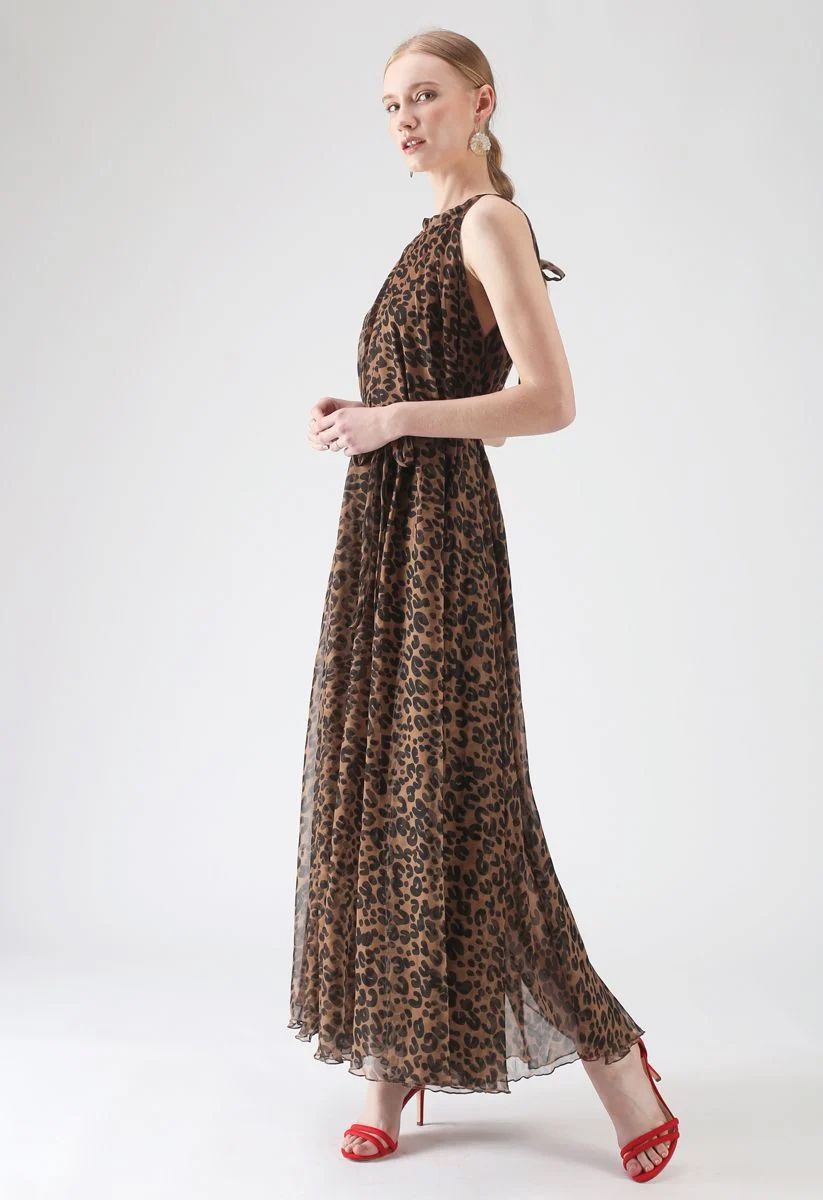 Brown Leopard Printed Poly Chiffon Maxi Dress with Halter Neckline, Waist Tie Detail & Flowing Silhouette for Resort Wear, Brunch & Evening Occasions