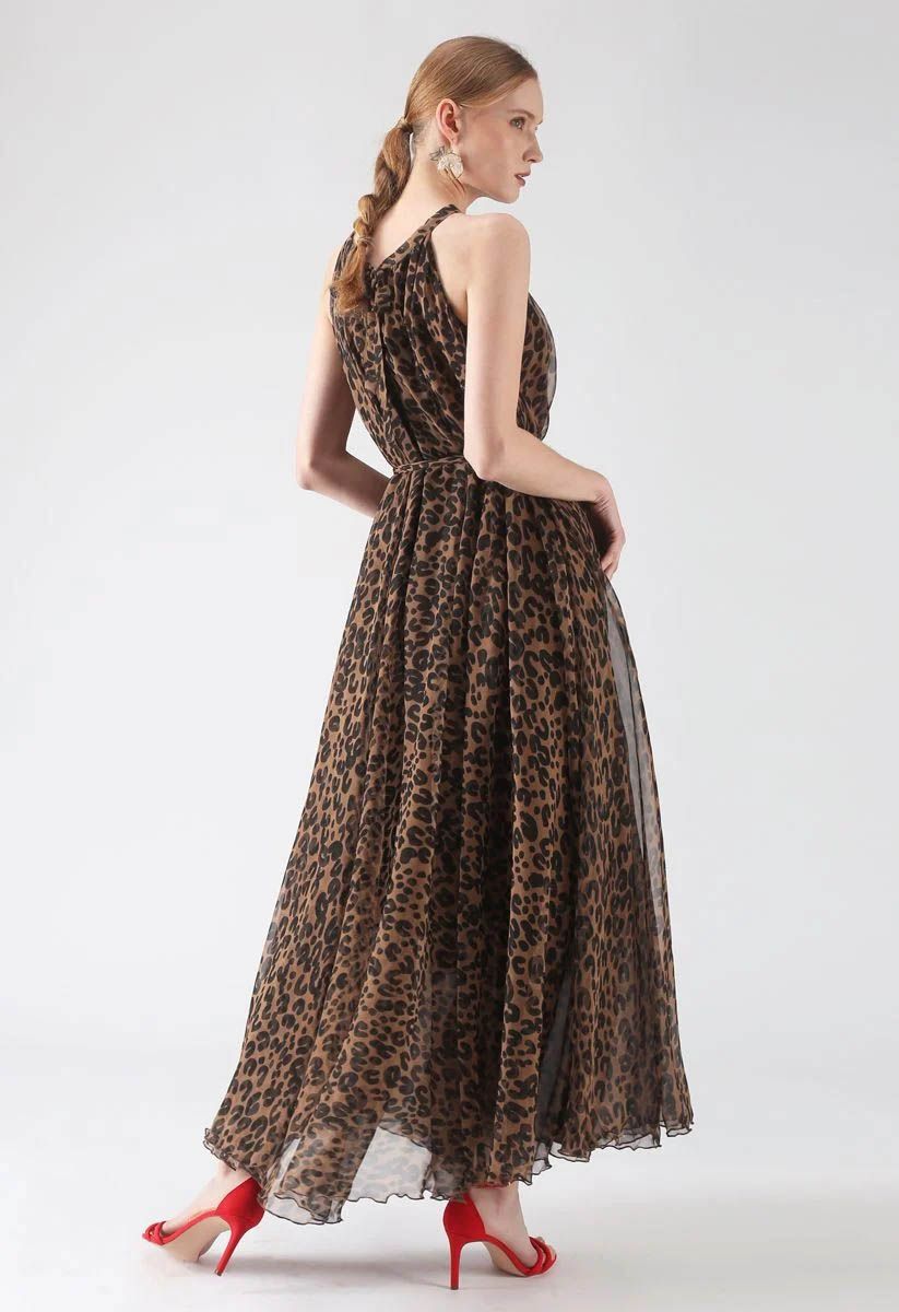 Brown Leopard Printed Poly Chiffon Maxi Dress with Halter Neckline, Waist Tie Detail & Flowing Silhouette for Resort Wear, Brunch & Evening Occasions
