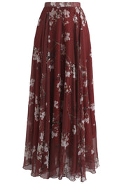 Flowy Wine Floral Print Chiffon Long Skirt