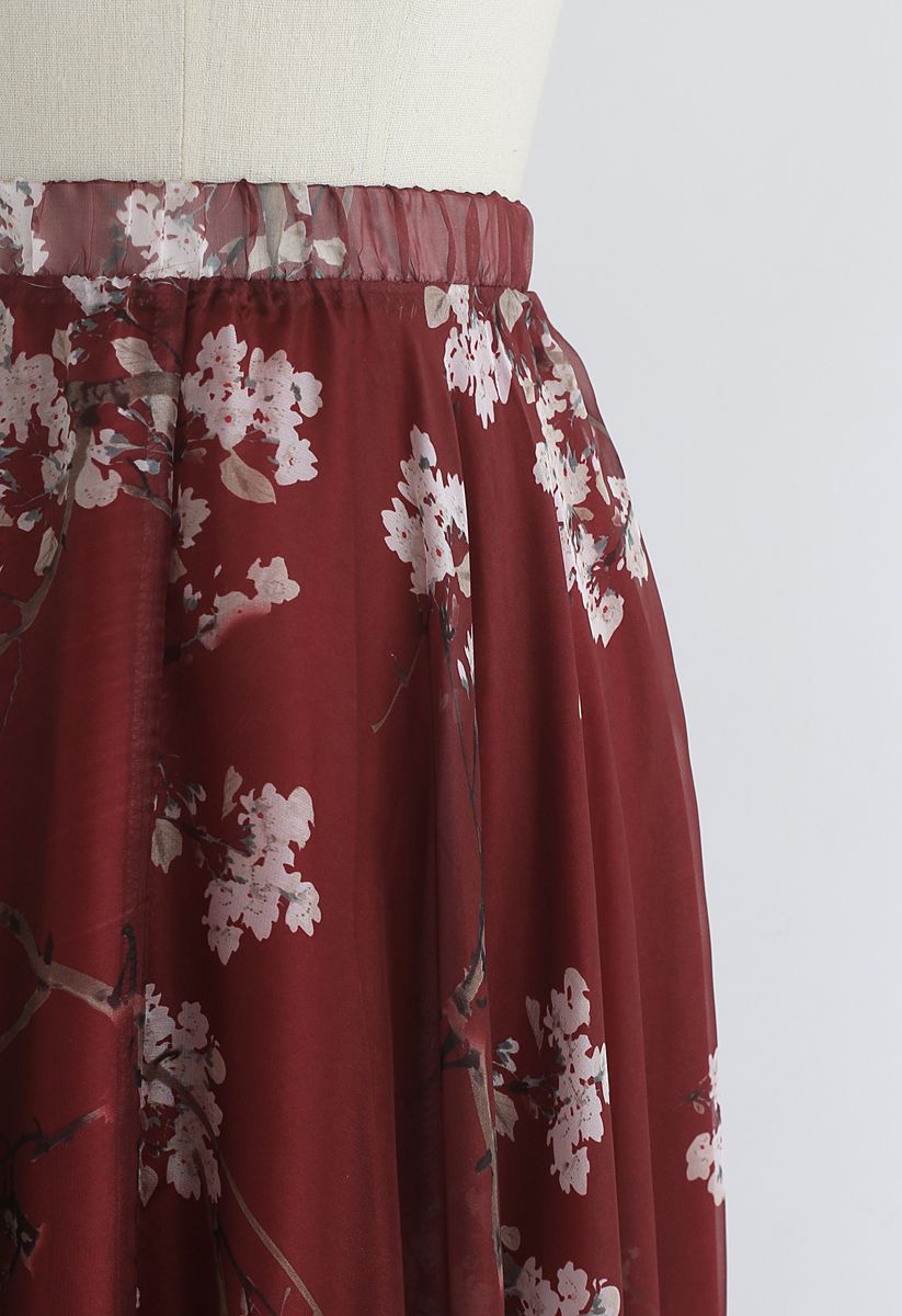 Flowy Wine Floral Print Chiffon Long Skirt