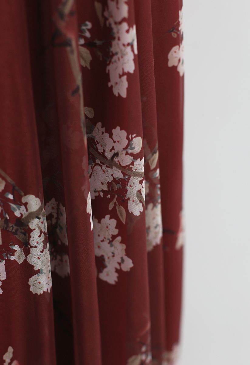 Flowy Wine Floral Print Chiffon Long Skirt