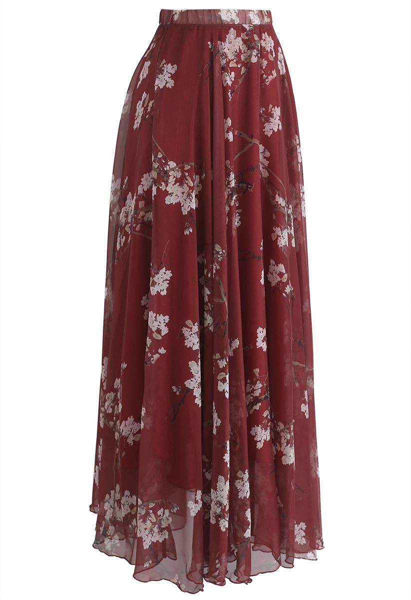 Flowy Wine Floral Print Chiffon Long Skirt