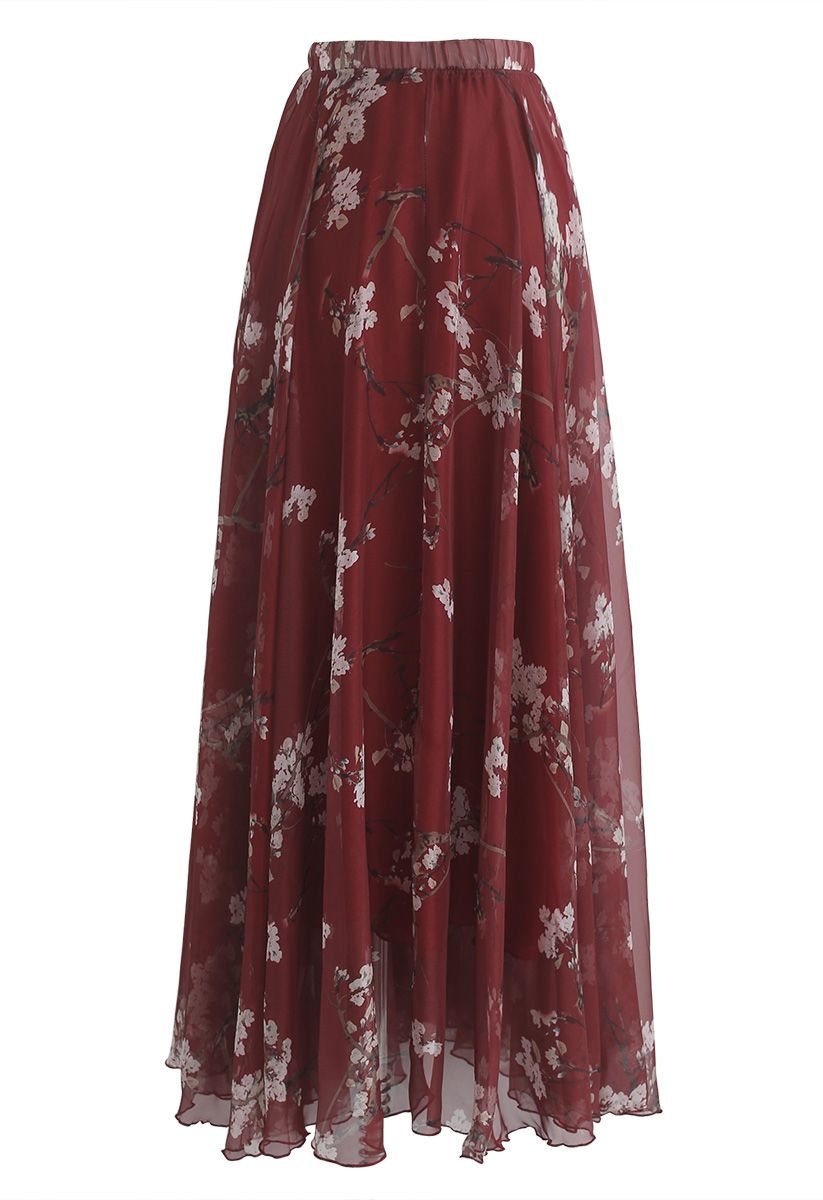 Flowy Wine Floral Print Chiffon Long Skirt