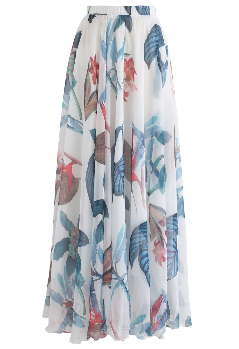 Ivory Whisper Botanical Flow Women’s Maxi Skirt  Lightweight  Flowing Fabric with Elegant Silhouette and Subtle Nature Inspired Print