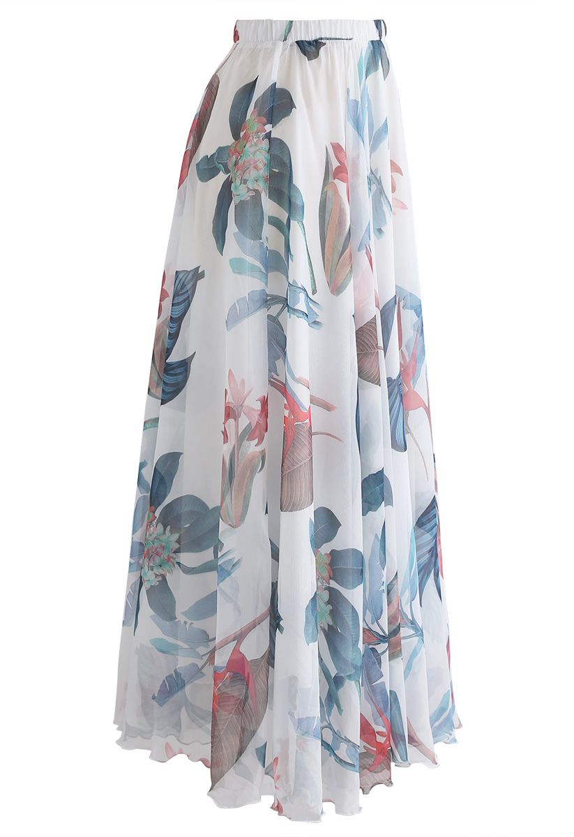 Ivory Whisper Botanical Flow Women’s Maxi Skirt  Lightweight  Flowing Fabric with Elegant Silhouette and Subtle Nature Inspired Print