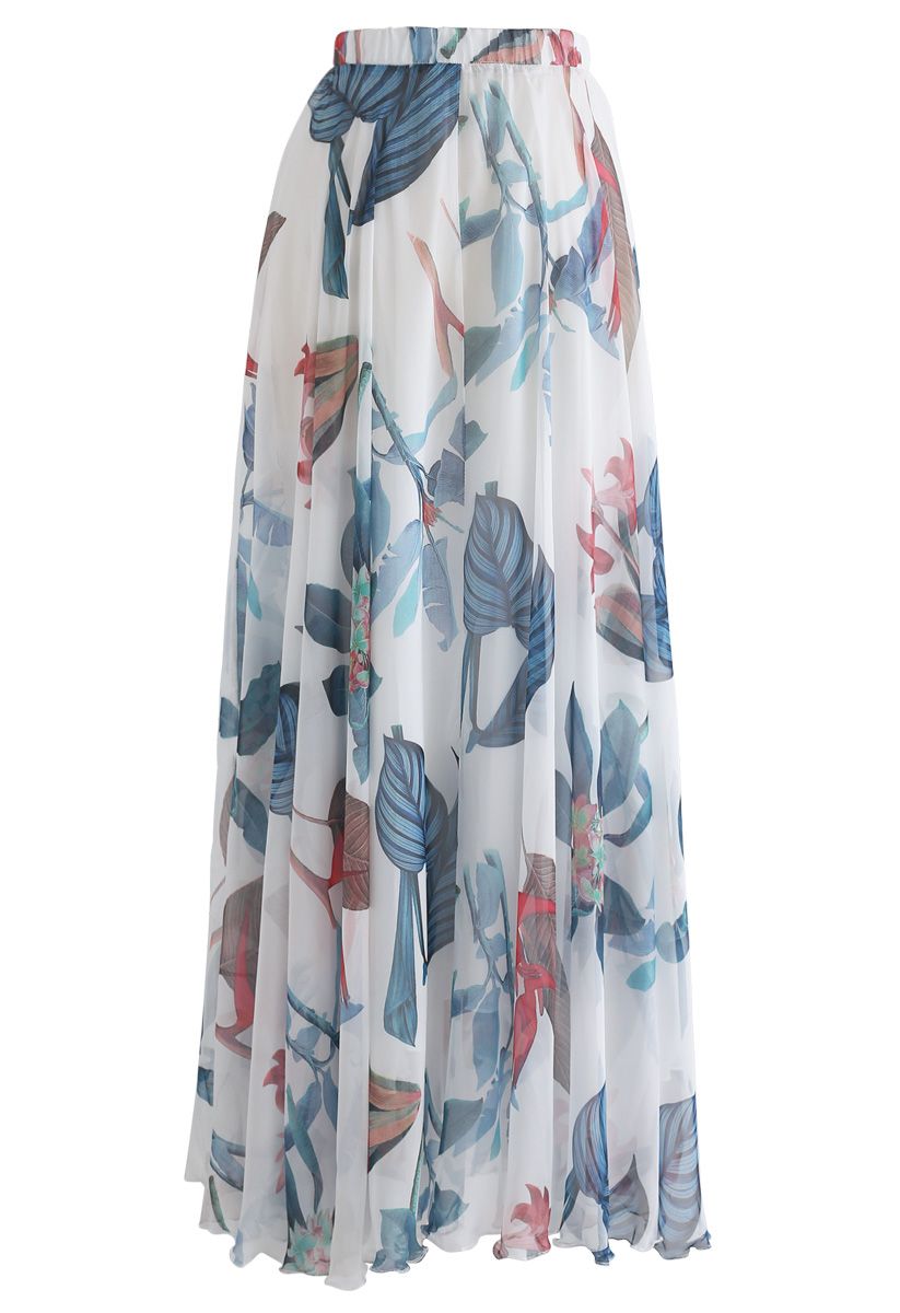 Ivory Whisper Botanical Flow Women’s Maxi Skirt  Lightweight  Flowing Fabric with Elegant Silhouette and Subtle Nature Inspired Print