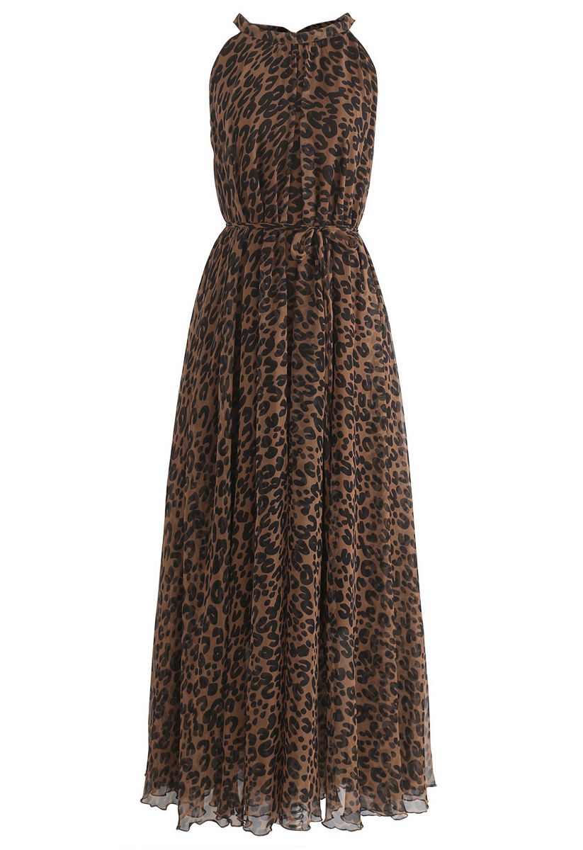 Brown Leopard Printed Poly Chiffon Maxi Dress with Halter Neckline, Waist Tie Detail & Flowing Silhouette for Resort Wear, Brunch & Evening Occasions