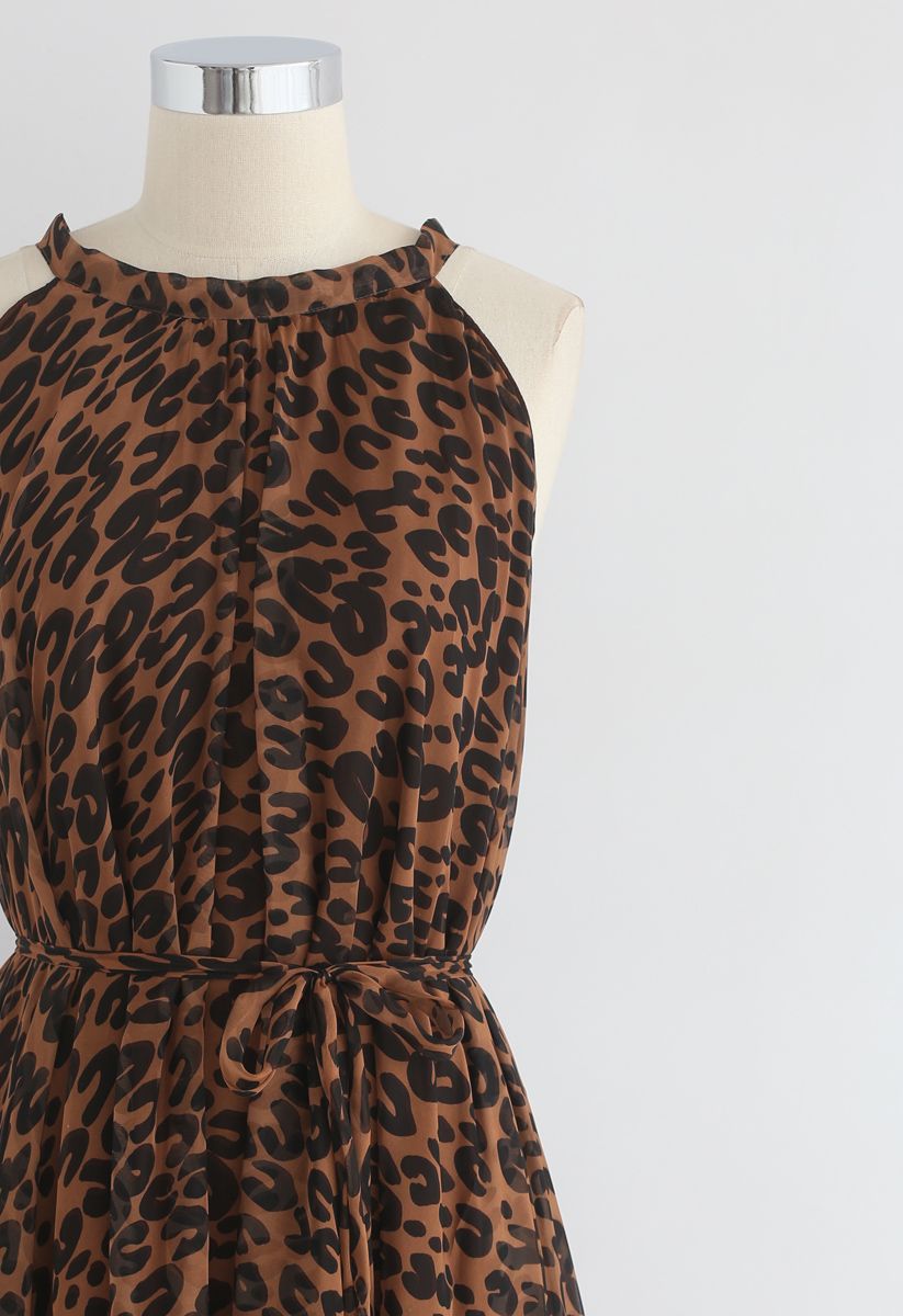 Brown Leopard Printed Poly Chiffon Maxi Dress with Halter Neckline, Waist Tie Detail & Flowing Silhouette for Resort Wear, Brunch & Evening Occasions