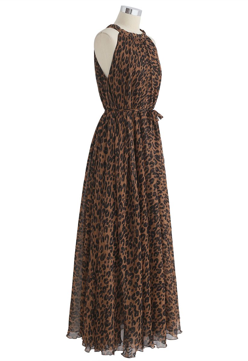 Brown Leopard Printed Poly Chiffon Maxi Dress with Halter Neckline, Waist Tie Detail & Flowing Silhouette for Resort Wear, Brunch & Evening Occasions